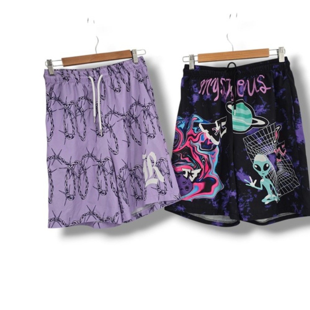 Mens Graphic Shorts Bundle Purple Barbed‎ Wire Alien Space Streetwear Small 2pk